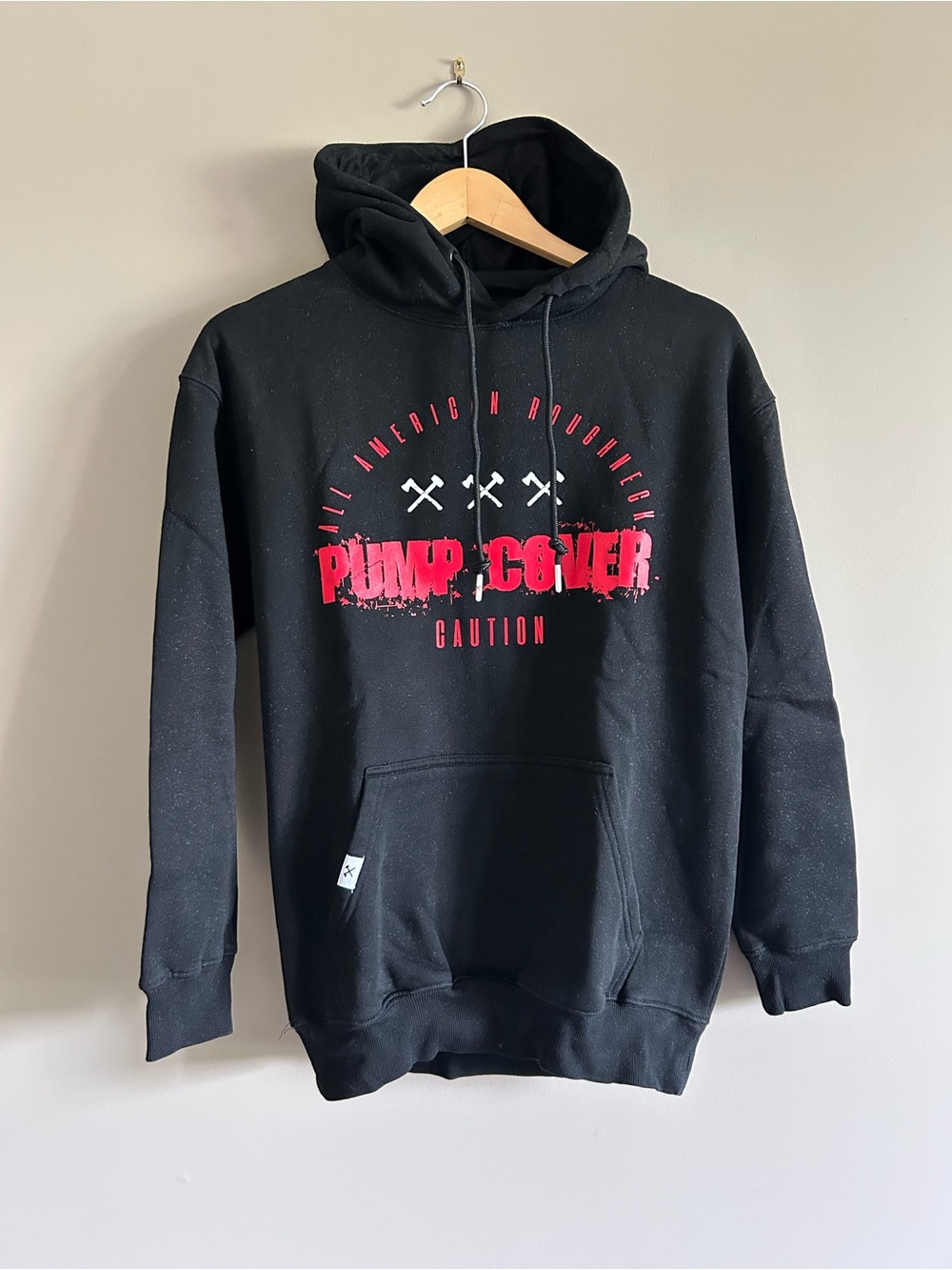Axe and Sledge Pump Cover Caution Graphic Hoodie - Black with Red Print